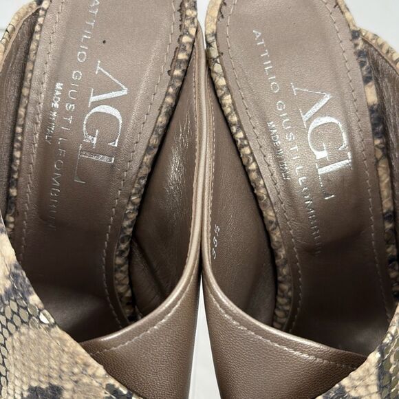 AGL Snakeskin‎ Peep Toe Slip-On Heeled Strappy Sandal Brown Gold 38.5/8 - Picture 6 of 11